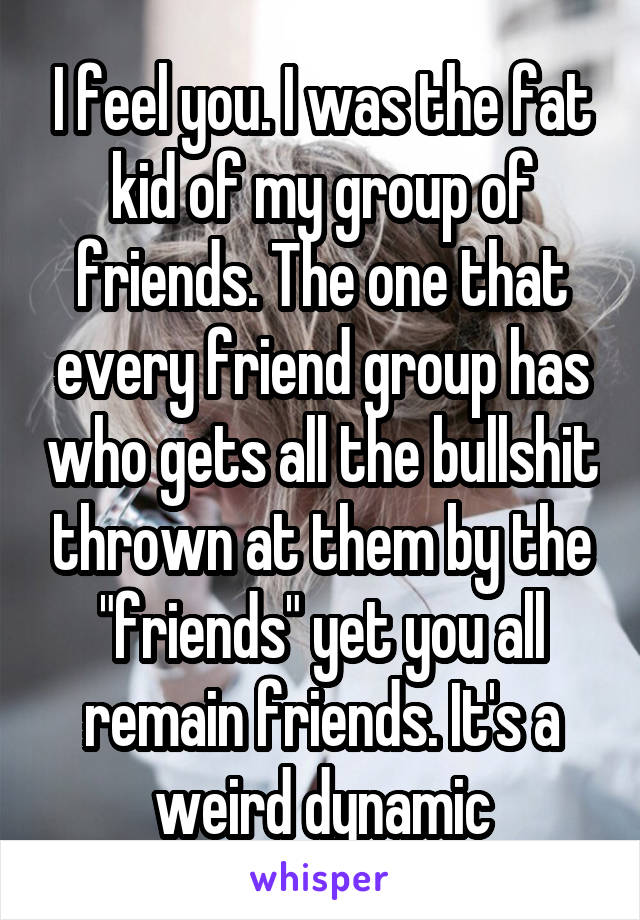 I feel you. I was the fat kid of my group of friends. The one that every friend group has who gets all the bullshit thrown at them by the "friends" yet you all remain friends. It's a weird dynamic