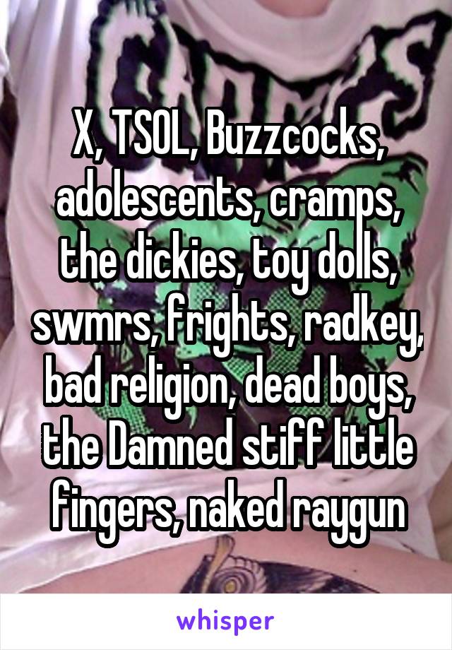 X, TSOL, Buzzcocks, adolescents, cramps, the dickies, toy dolls, swmrs, frights, radkey, bad religion, dead boys, the Damned stiff little fingers, naked raygun