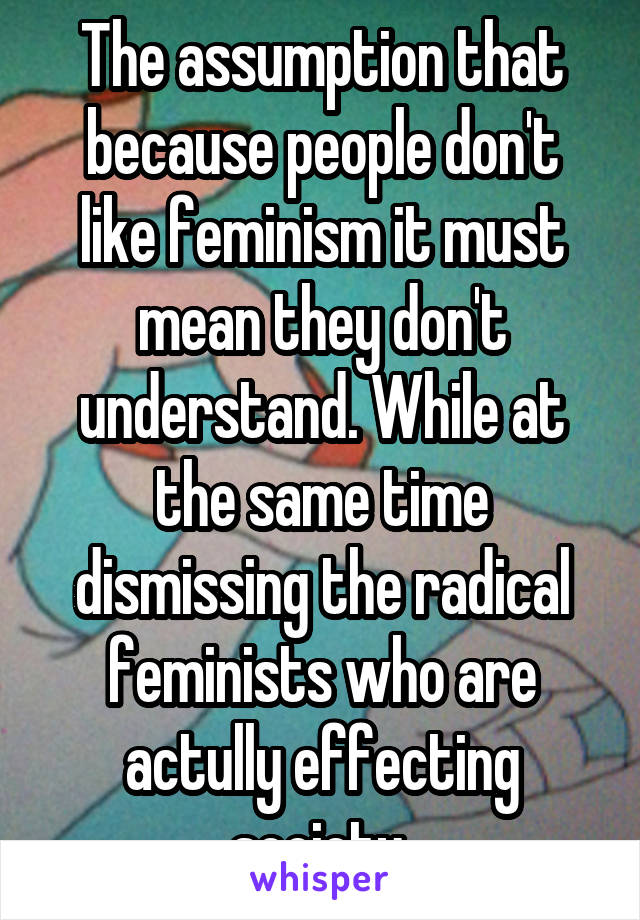 The assumption that because people don't like feminism it must mean they don't understand. While at the same time dismissing the radical feminists who are actully effecting society 