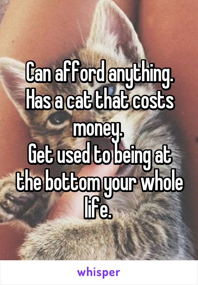 Can afford anything. Has a cat that costs money. 
Get used to being at the bottom your whole life. 