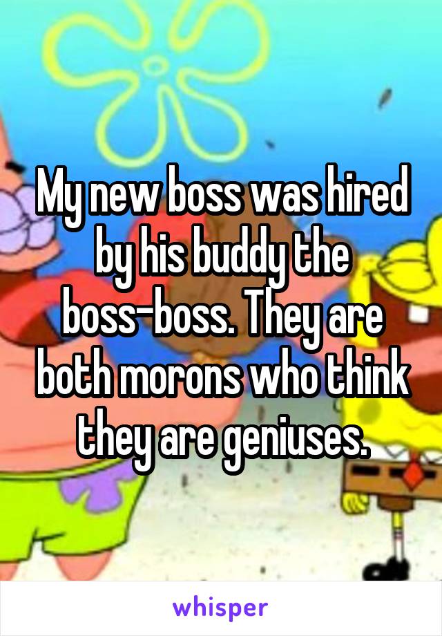 My new boss was hired by his buddy the boss-boss. They are both morons who think they are geniuses.