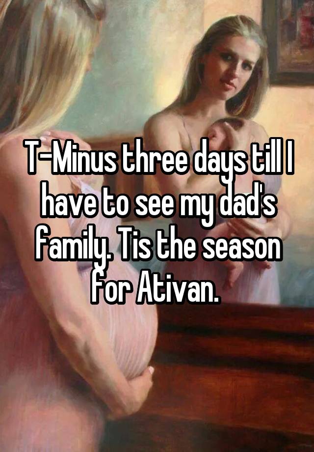 T-Minus three days till I have to see my dad's family. Tis the season for Ativan. 