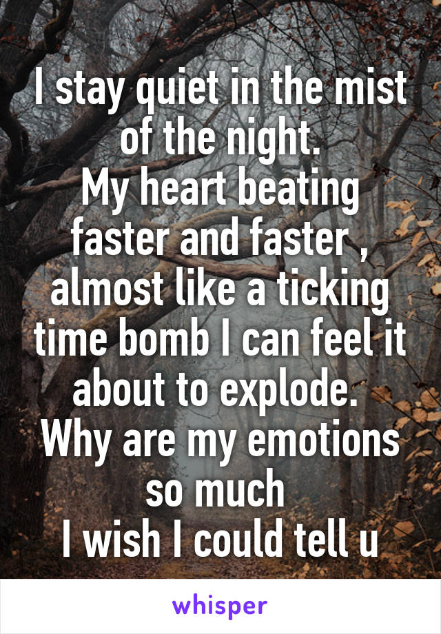 I stay quiet in the mist of the night.
My heart beating faster and faster , almost like a ticking time bomb I can feel it about to explode. 
Why are my emotions so much 
I wish I could tell u