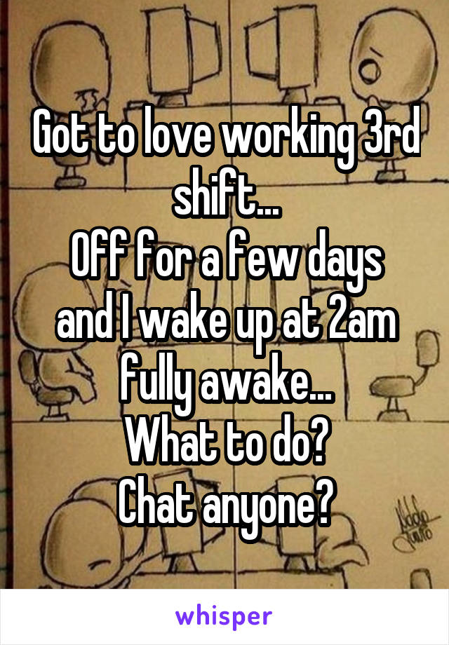 Got to love working 3rd shift...
Off for a few days and I wake up at 2am fully awake...
What to do?
Chat anyone?