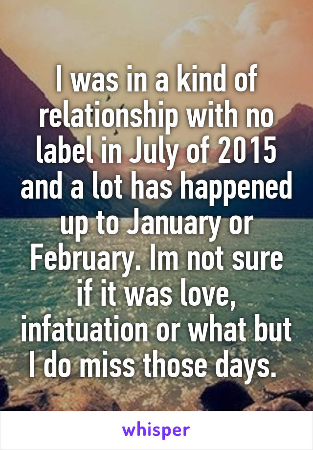 I was in a kind of relationship with no label in July of 2015 and a lot has happened up to January or February. Im not sure if it was love, infatuation or what but I do miss those days. 