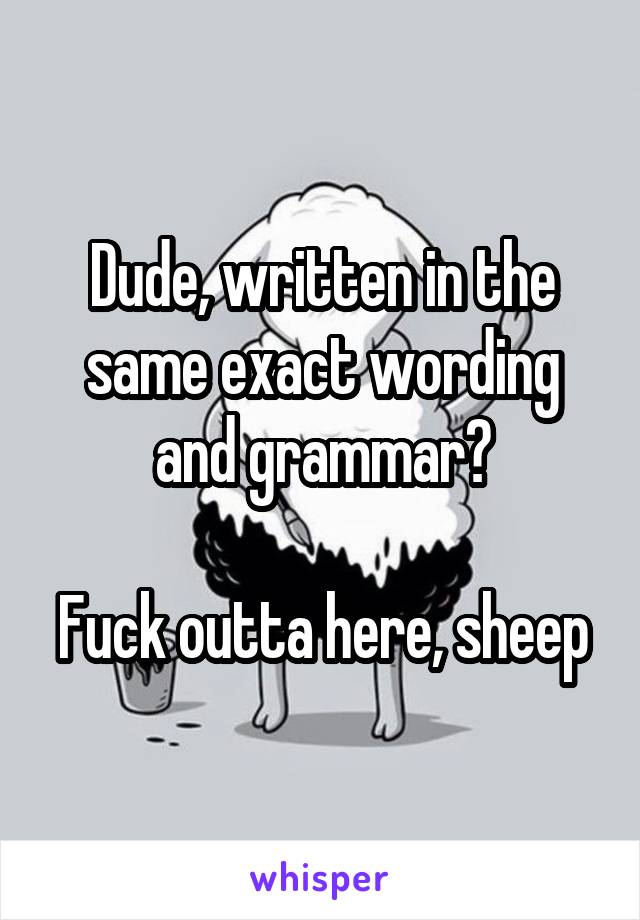Dude, written in the same exact wording and grammar?

Fuck outta here, sheep