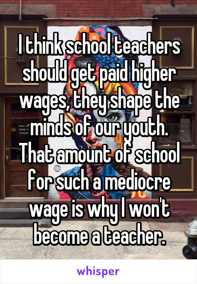 I think school teachers should get paid higher wages, they shape the minds of our youth. That amount of school for such a mediocre wage is why I won't become a teacher.