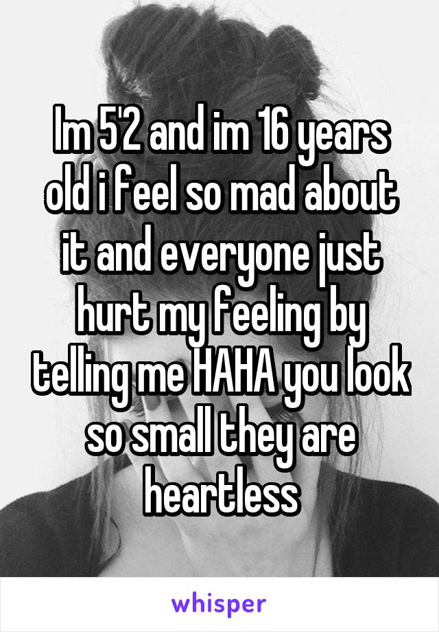 Im 5'2 and im 16 years old i feel so mad about it and everyone just hurt my feeling by telling me HAHA you look so small they are heartless