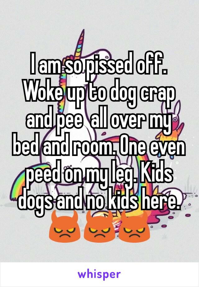 I am so pissed off. Woke up to dog crap and pee  all over my bed and room. One even peed on my leg. Kids dogs and no kids here. 😈😈😈