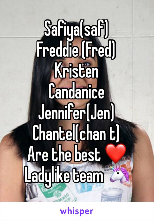 Safiya(saf)
Freddie (Fred)
Kristen
Candanice 
Jennifer(Jen) 
Chantel(chan t)
Are the best ❤
Ladylike team 🦄