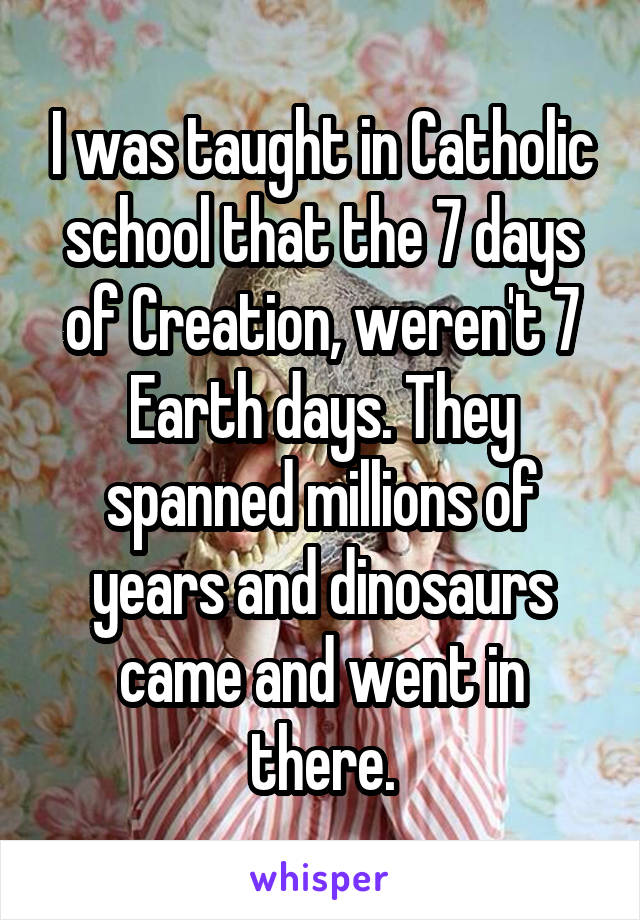 I was taught in Catholic school that the 7 days of Creation, weren't 7 Earth days. They spanned millions of years and dinosaurs came and went in there.