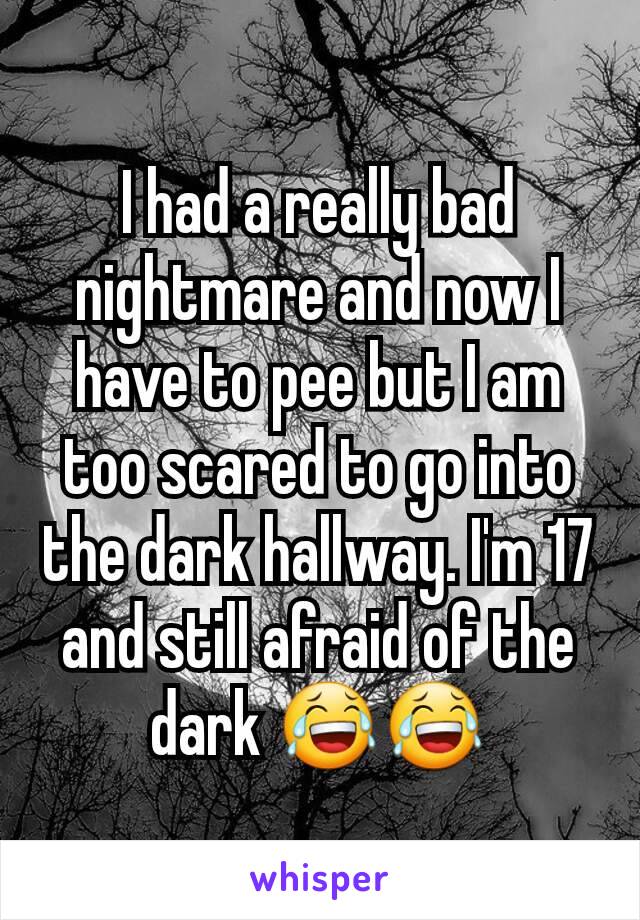 I had a really bad nightmare and now I have to pee but I am too scared to go into the dark hallway. I'm 17 and still afraid of the dark 😂😂