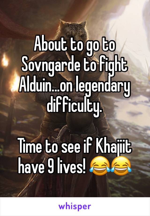 About to go to Sovngarde to fight Alduin...on legendary difficulty.

Time to see if Khajiit have 9 lives! 😂😂