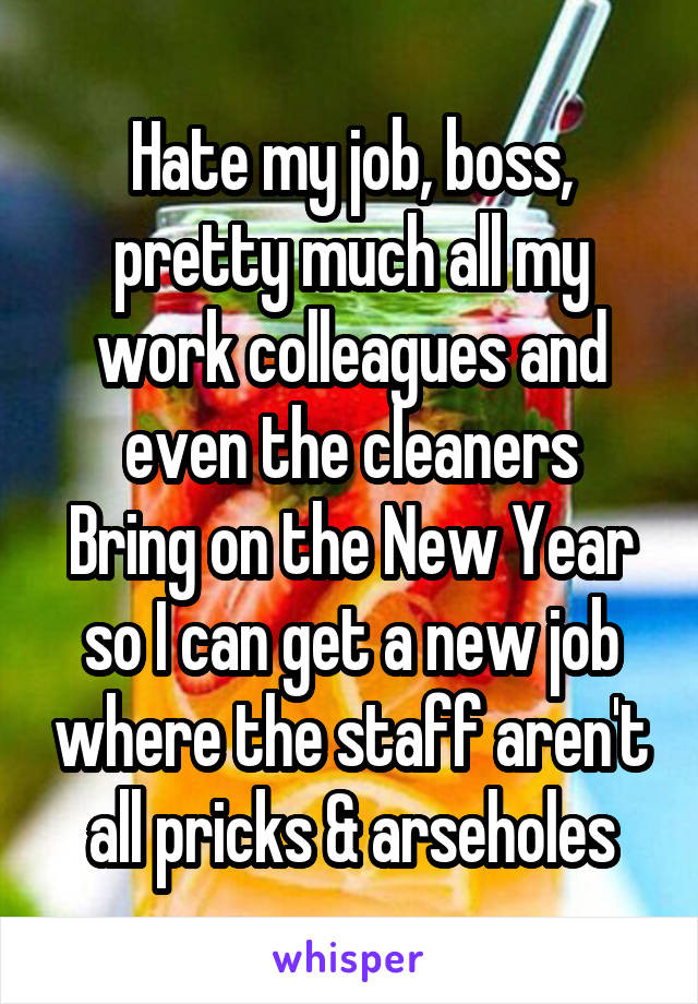 Hate my job, boss, pretty much all my work colleagues and even the cleaners
Bring on the New Year so I can get a new job where the staff aren't all pricks & arseholes