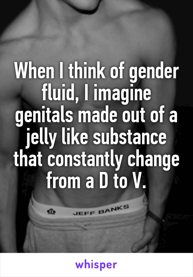 When I think of gender fluid, I imagine genitals made out of a jelly like substance that constantly change from a D to V.
