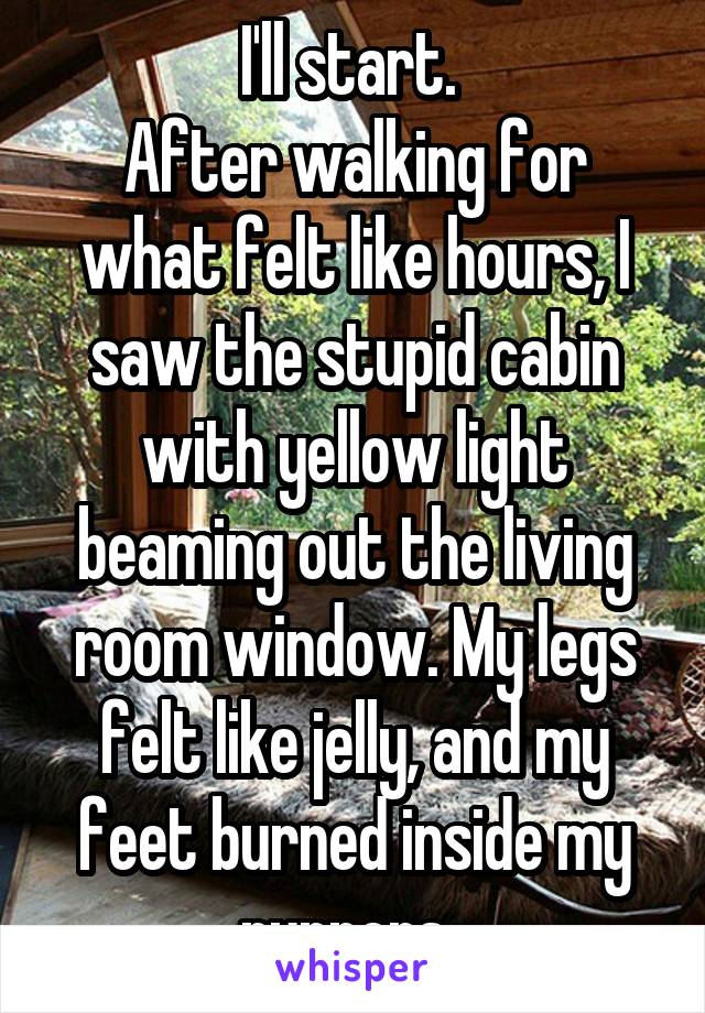 I'll start. 
After walking for what felt like hours, I saw the stupid cabin with yellow light beaming out the living room window. My legs felt like jelly, and my feet burned inside my runners. 