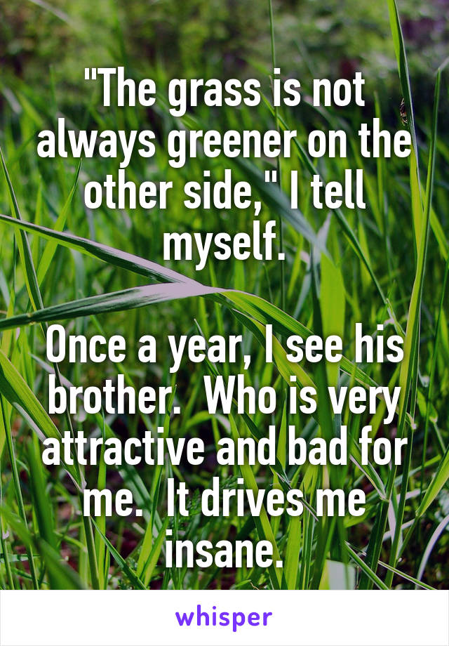 "The grass is not always greener on the other side," I tell myself.

Once a year, I see his brother.  Who is very attractive and bad for me.  It drives me insane.