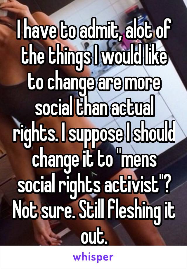 I have to admit, alot of the things I would like to change are more social than actual rights. I suppose I should change it to "mens social rights activist"? Not sure. Still fleshing it out.