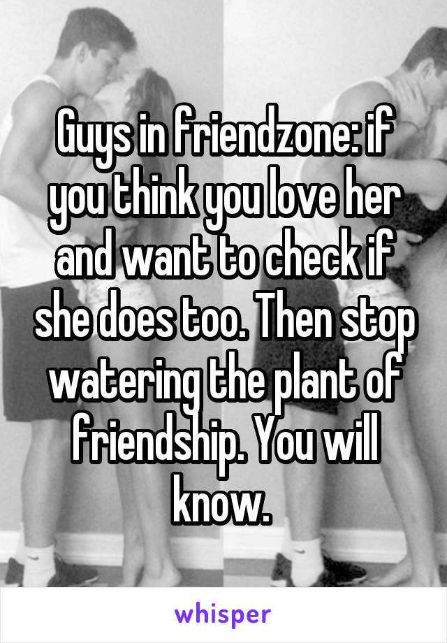 Guys in friendzone: if you think you love her and want to check if she does too. Then stop watering the plant of friendship. You will know. 