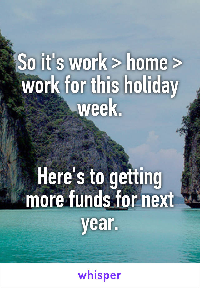 So it's work > home > work for this holiday week.


Here's to getting more funds for next year.