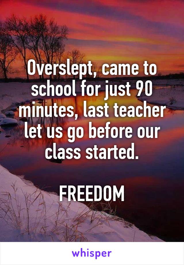 Overslept, came to school for just 90 minutes, last teacher let us go before our class started.

FREEDOM