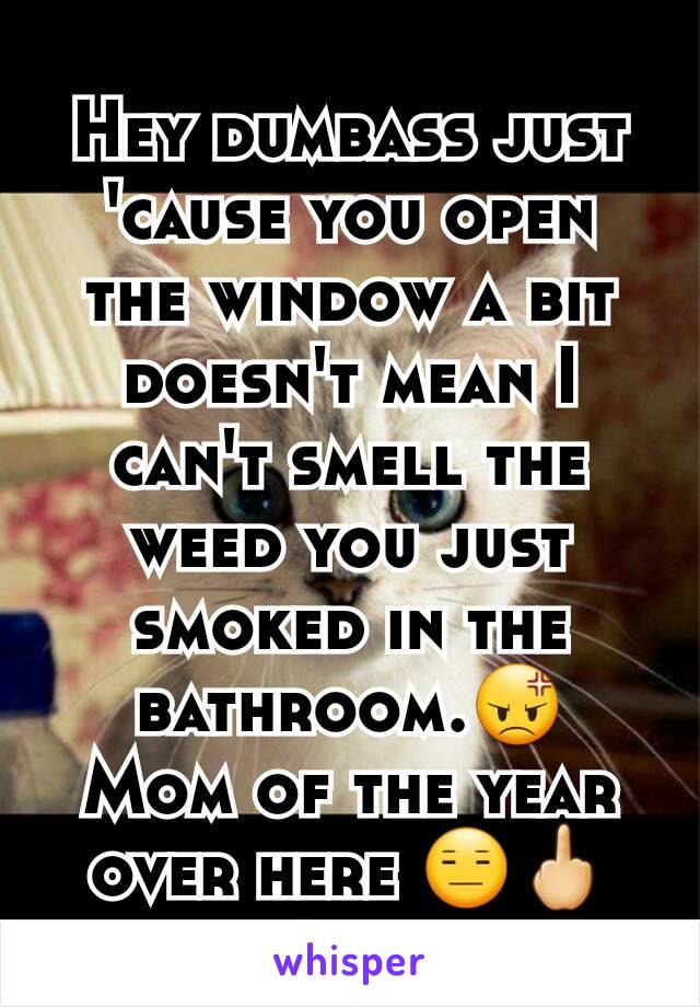 Hey dumbass just 'cause you open the window a bit doesn't mean I can't smell the weed you just smoked in the bathroom.😡
Mom of the year over here 😑🖕