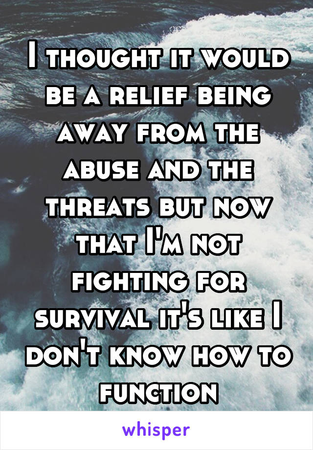 I thought it would be a relief being away from the abuse and the threats but now that I'm not fighting for survival it's like I don't know how to function