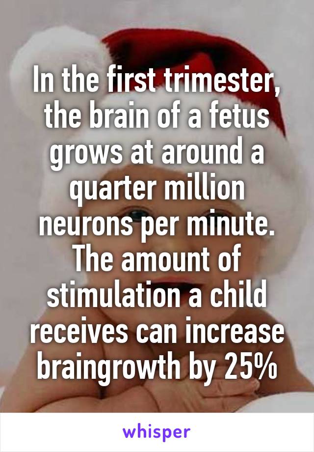 In the first trimester, the brain of a fetus grows at around a quarter million neurons per minute. The amount of stimulation a child receives can increase braingrowth by 25%