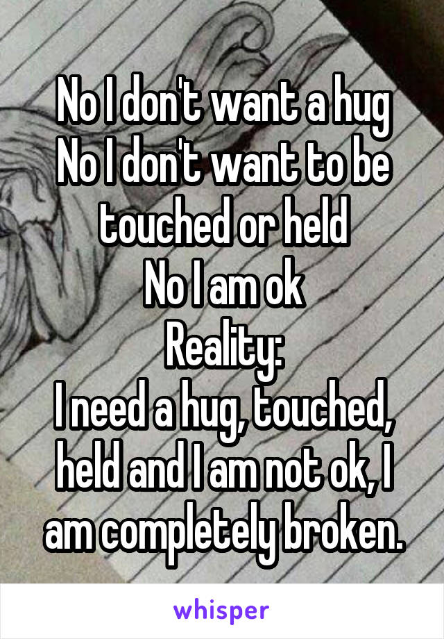 No I don't want a hug
No I don't want to be touched or held
No I am ok
Reality:
I need a hug, touched, held and I am not ok, I am completely broken.