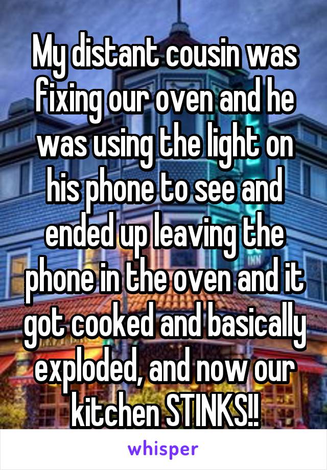 My distant cousin was fixing our oven and he was using the light on his phone to see and ended up leaving the phone in the oven and it got cooked and basically exploded, and now our kitchen STINKS!!