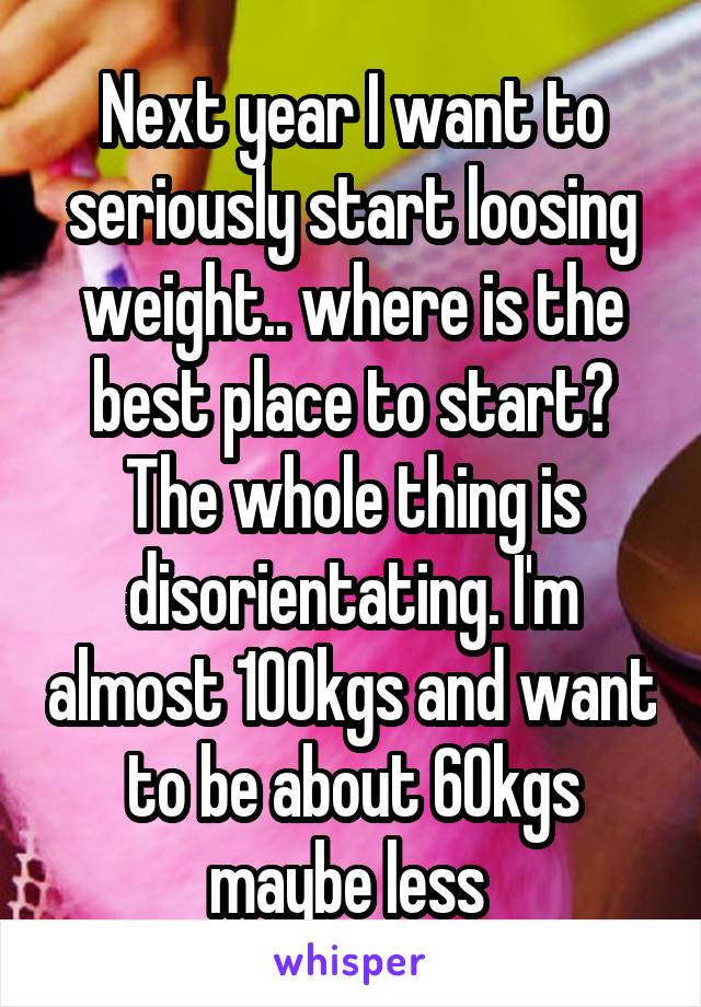 Next year I want to seriously start loosing weight.. where is the best place to start? The whole thing is disorientating. I'm almost 100kgs and want to be about 60kgs maybe less 