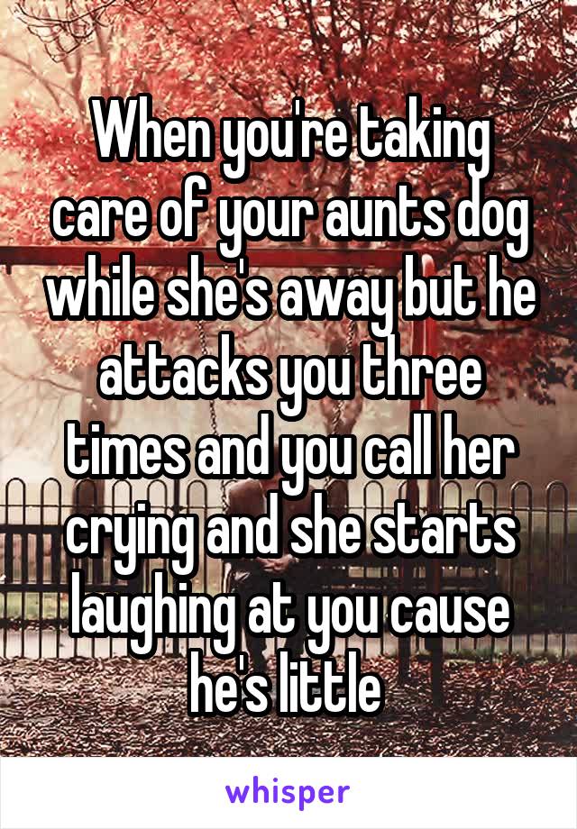 When you're taking care of your aunts dog while she's away but he attacks you three times and you call her crying and she starts laughing at you cause he's little 