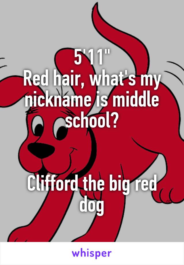 5'11"
Red hair, what's my nickname is middle school?


Clifford the big red dog