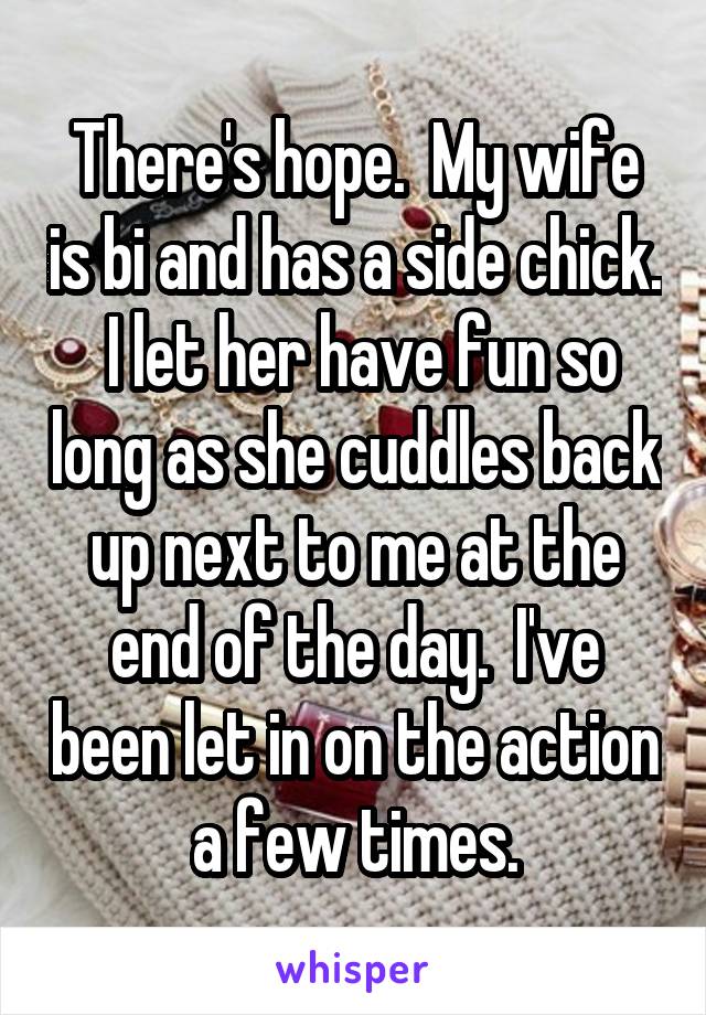 There's hope.  My wife is bi and has a side chick.  I let her have fun so long as she cuddles back up next to me at the end of the day.  I've been let in on the action a few times.