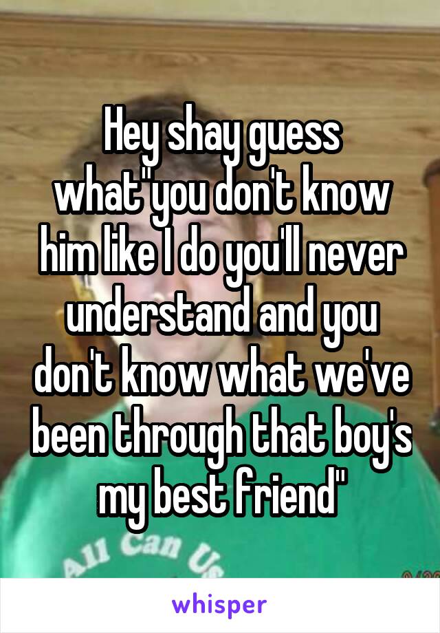 Hey shay guess what"you don't know him like I do you'll never understand and you don't know what we've been through that boy's my best friend"