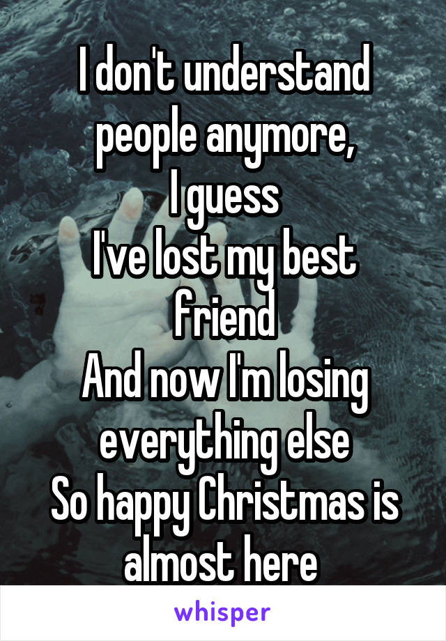 I don't understand people anymore,
I guess
I've lost my best friend
And now I'm losing everything else
So happy Christmas is almost here 