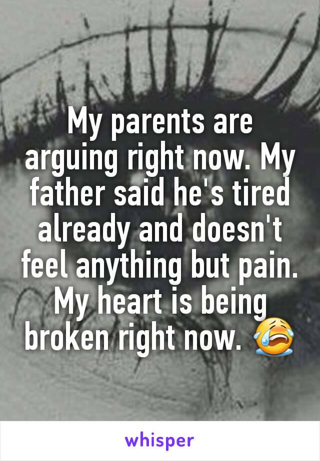 My parents are arguing right now. My father said he's tired already and doesn't feel anything but pain. My heart is being broken right now. 😭