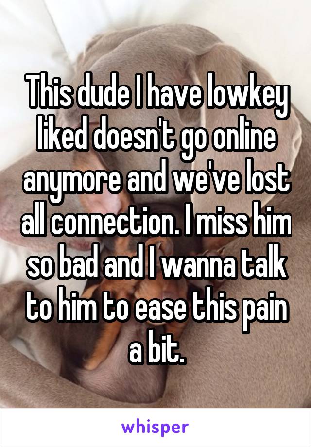 This dude I have lowkey liked doesn't go online anymore and we've lost all connection. I miss him so bad and I wanna talk to him to ease this pain a bit.