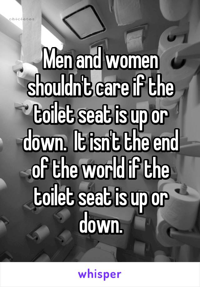 Men and women shouldn't care if the toilet seat is up or down.  It isn't the end of the world if the toilet seat is up or down.