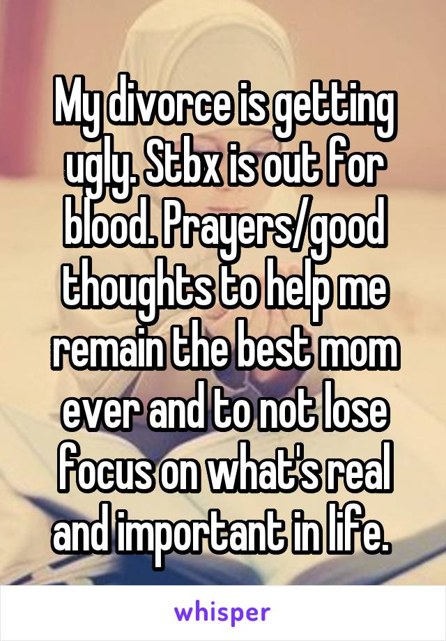 My divorce is getting ugly. Stbx is out for blood. Prayers/good thoughts to help me remain the best mom ever and to not lose focus on what's real and important in life. 