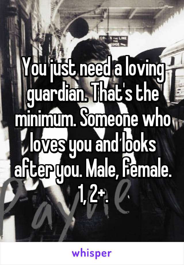 You just need a loving guardian. That's the minimum. Someone who loves you and looks after you. Male, female. 1, 2+.