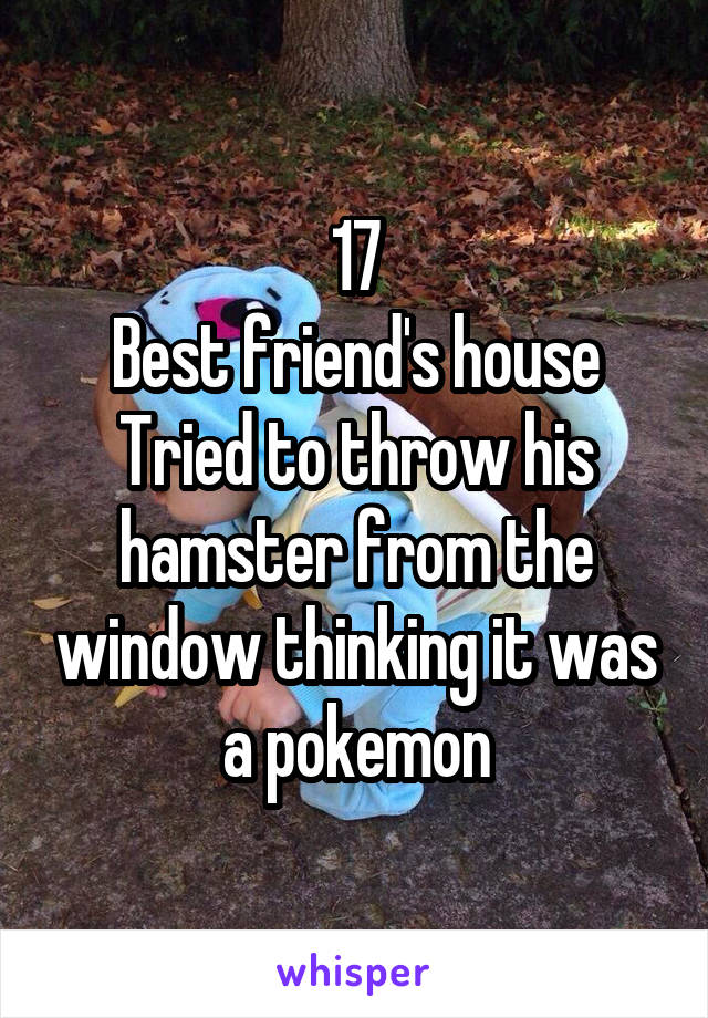 17
Best friend's house
Tried to throw his hamster from the window thinking it was a pokemon