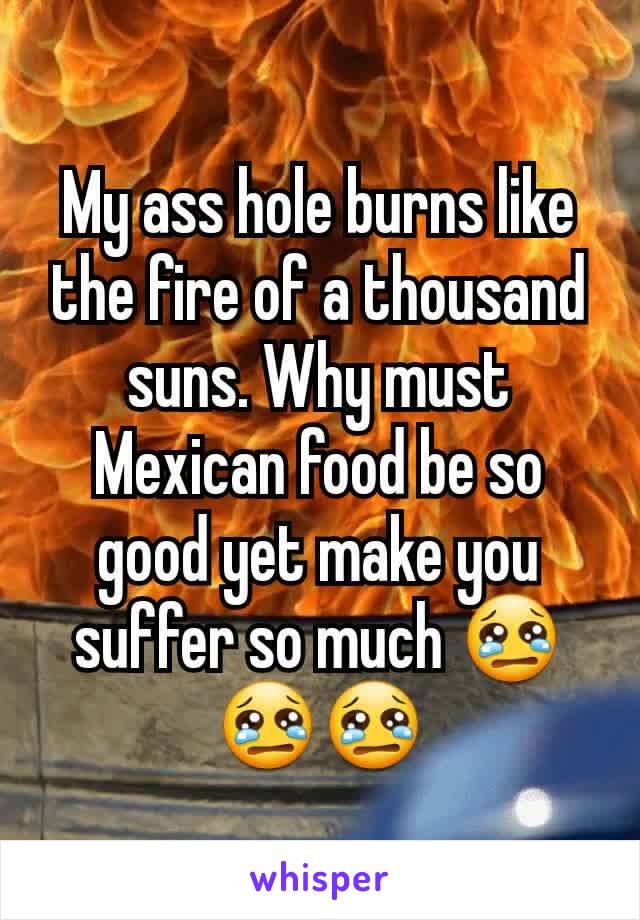 My ass hole burns like the fire of a thousand suns. Why must Mexican food be so good yet make you suffer so much 😢😢😢