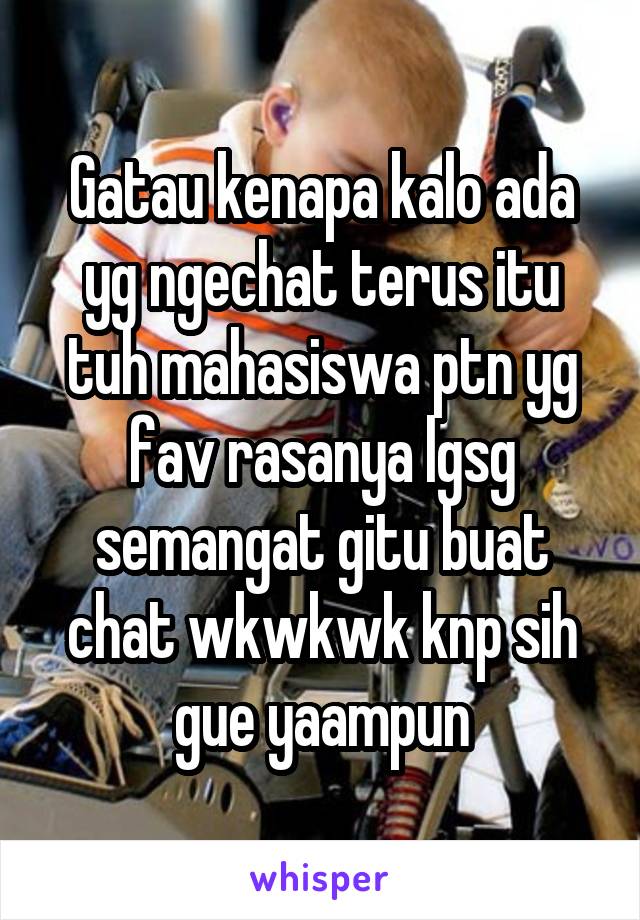 Gatau kenapa kalo ada yg ngechat terus itu tuh mahasiswa ptn yg fav rasanya lgsg semangat gitu buat chat wkwkwk knp sih gue yaampun