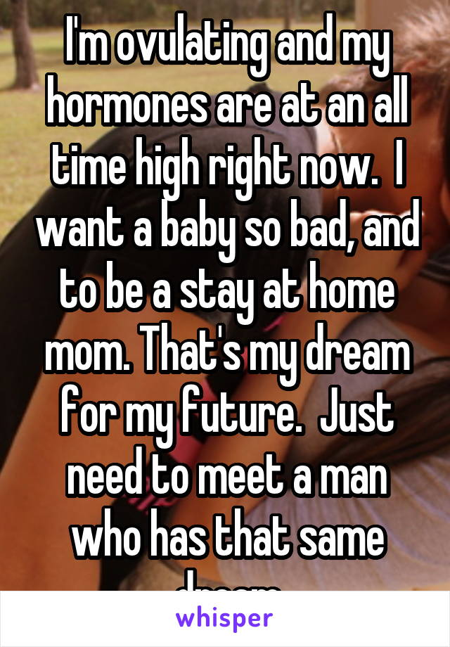 I'm ovulating and my hormones are at an all time high right now.  I want a baby so bad, and to be a stay at home mom. That's my dream for my future.  Just need to meet a man who has that same dream