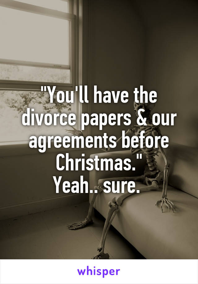 "You'll have the divorce papers & our agreements before Christmas."
Yeah.. sure. 