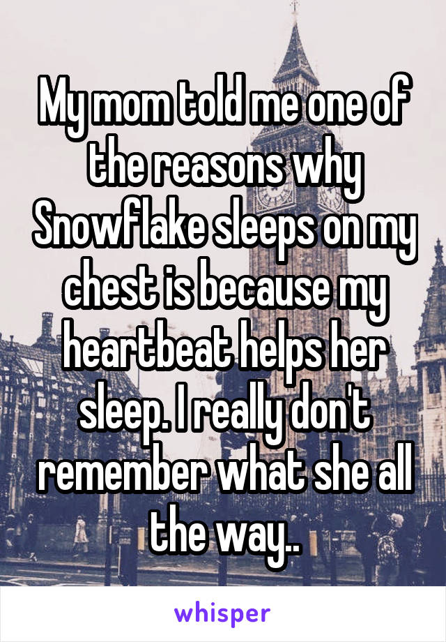 My mom told me one of the reasons why Snowflake sleeps on my chest is because my heartbeat helps her sleep. I really don't remember what she all the way..