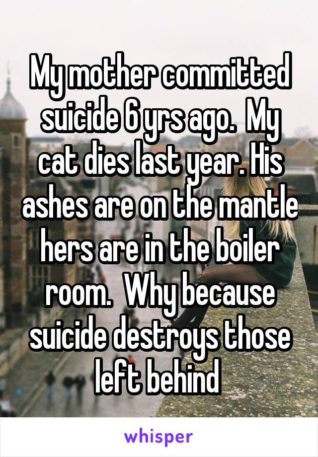 My mother committed suicide 6 yrs ago.  My cat dies last year. His ashes are on the mantle hers are in the boiler room.  Why because suicide destroys those left behind 