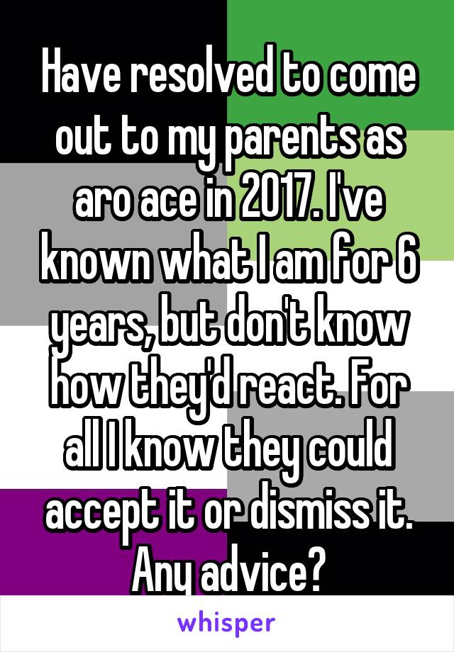 Have resolved to come out to my parents as aro ace in 2017. I've known what I am for 6 years, but don't know how they'd react. For all I know they could accept it or dismiss it. Any advice?