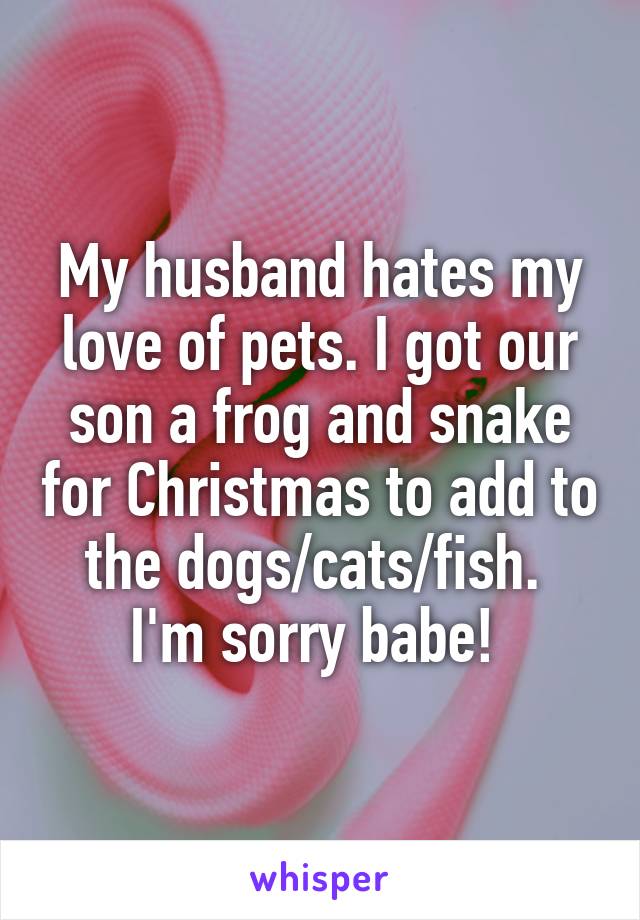 My husband hates my love of pets. I got our son a frog and snake for Christmas to add to the dogs/cats/fish. 
I'm sorry babe! 